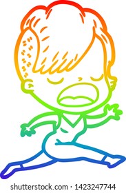rainbow gradient line drawing of a cartoon cool hipster girl talking