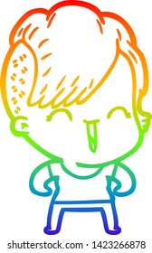 rainbow gradient line drawing of a cartoon happy hipster girl