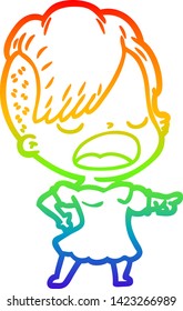 rainbow gradient line drawing of a cartoon cool hipster girl talking