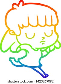 rainbow gradient line drawing of a cartoon indifferent woman running