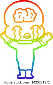 dibujo de la línea de gradiente del arco iris de una caricatura de un gran alien del cerebro llorando