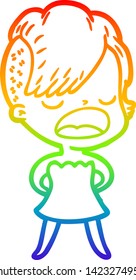rainbow gradient line drawing of a cartoon cool hipster girl talking