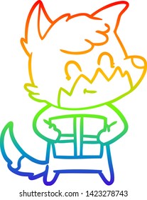 dibujo de línea de gradiente de arco iris de un zorro amigable de dibujos animados con regalo