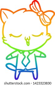 rainbow gradient line drawing of a cartoon cat with bow on head