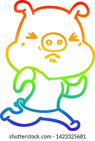 rainbow gradient line drawing of a cartoon angry pig wearing tee shirt