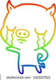 rainbow gradient line drawing of a cartoon pig crying