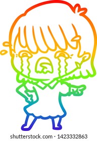 rainbow gradient line drawing of a cartoon girl crying