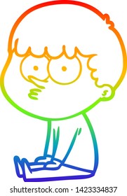 rainbow gradient line drawing of a cartoon boy sat waiting