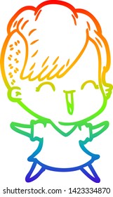 rainbow gradient line drawing of a cartoon happy hipster girl