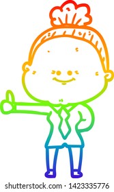 rainbow gradient line drawing of a cartoon happy old woman