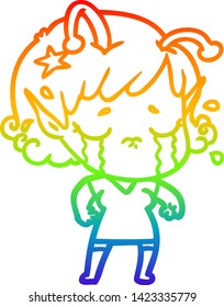 rainbow gradient line drawing of a cartoon crying alien girl