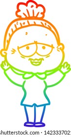 rainbow gradient line drawing of a cartoon happy old lady