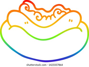 rainbow gradient line drawing of a cartoon hotdog in a bun