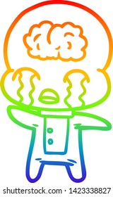 rainbow gradient line drawing of a cartoon big brain alien crying