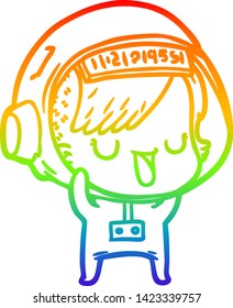 rainbow gradient line drawing of a cartoon astronaut woman