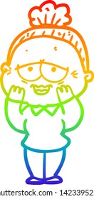 rainbow gradient line drawing of a cartoon happy old lady