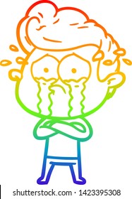rainbow gradient line drawing of a cartoon crying man