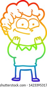 dibujo de una línea de gradiente de arco iris de un hombre feliz con dibujos animados