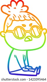 rainbow gradient line drawing of a cartoon annoyed woman