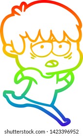 rainbow gradient line drawing of a cartoon exhausted boy