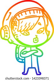 rainbow gradient line drawing of a cartoon astronaut woman