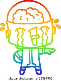 rainbow gradient line drawing of a cartoon crying robot
