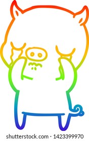 rainbow gradient line drawing of a cartoon pig crying