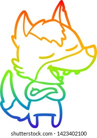 rainbow gradient line drawing of a cartoon wolf laughing