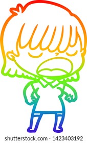 desenho de linha de gradiente arco-íris de uma mulher de desenho animado falando alto