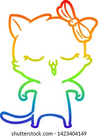 rainbow gradient line drawing of a cartoon cat with bow on head
