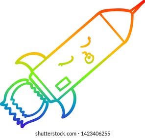 rainbow gradient line drawing of a cartoon rocket