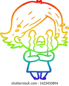 Regenbogen-Farbverlauf-Linie Zeichnung einer Cartoon-Frau weinen