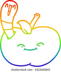 rainbow gradient line drawing of a cartoon happy worm in an apple