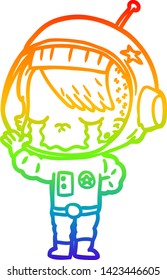 rainbow gradient line drawing of a cartoon crying astronaut girl