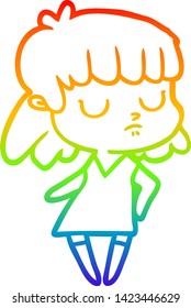 rainbow gradient line drawing of a cartoon indifferent woman