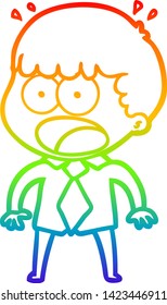 rainbow gradient line drawing of a cartoon shocked man in shirt and tie