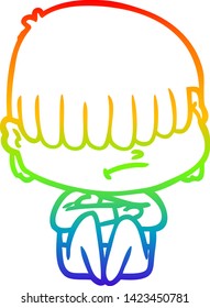Regenbogen-Farbverlauf-Linie Zeichnung eines Cartoon-Jungen mit unordentem Haar