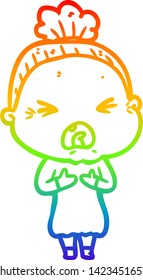 rainbow gradient line drawing of a cartoon angry old woman