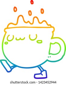rainbow gradient line drawing of a cartoon coffee cup walking