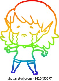 rainbow gradient line drawing of a cartoon crying elf girl
