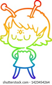 rainbow gradient line drawing of a cartoon alien girl