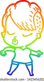 rainbow gradient line drawing of a cartoon pretty hipster girl