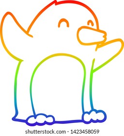 dibujo de una línea de gradiente de arco iris de un pingüino excitado