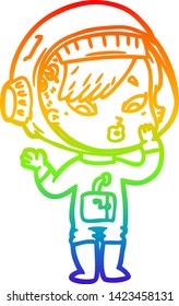 rainbow gradient line drawing of a cartoon astronaut woman