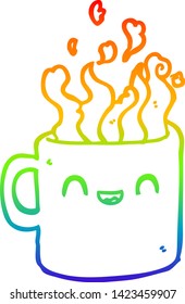 rainbow gradient line drawing of a cartoon hot cup of coffee