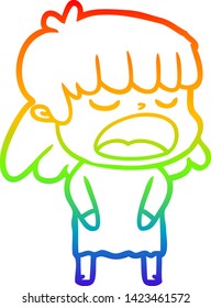 rainbow gradient line drawing of a cartoon woman talking loudly