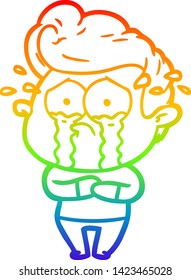 rainbow gradient line drawing of a cartoon crying man