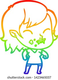 rainbow gradient line drawing of a cartoon vampire girl with blood on cheek