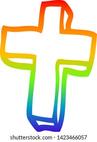 rainbow gradient line drawing of a cartoon gold cross