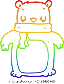dibujo de una línea de degradado de arco iris de un oso de dibujos animados con bufanda